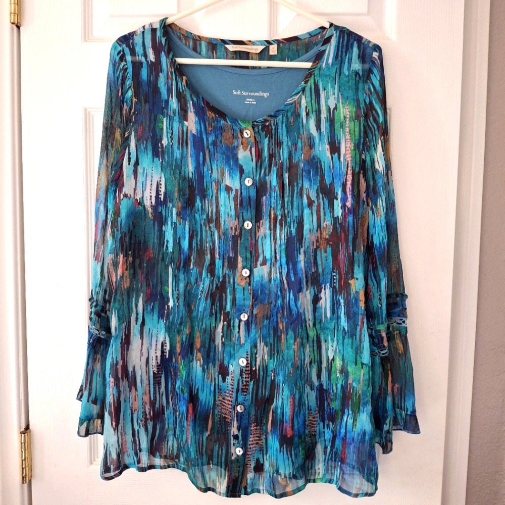 Soft Surroundings Womens Amelie Top Size M Abstract Blue Button Up Art To Wear